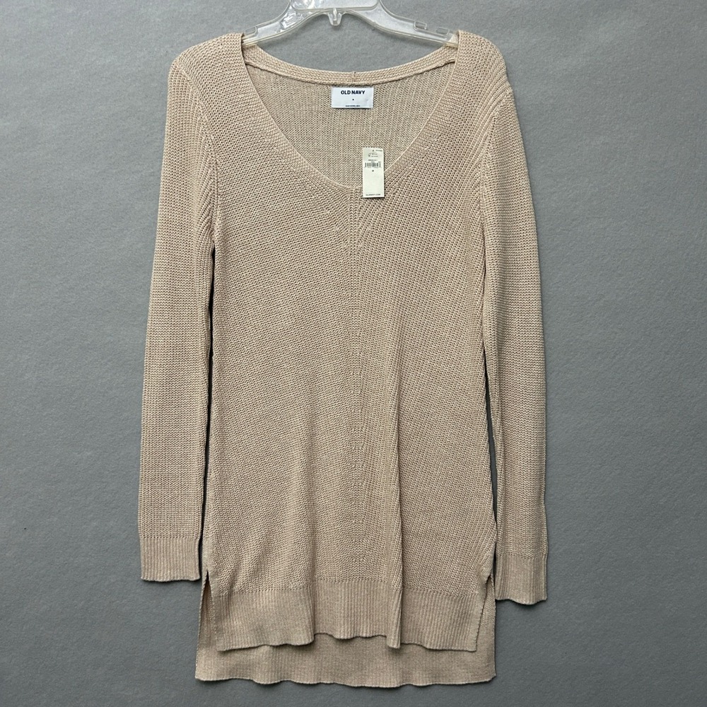 Old Navy Women M Tunic Sweater Beige V-Neck Shaker Knit Cotton Blend Hi-Lo